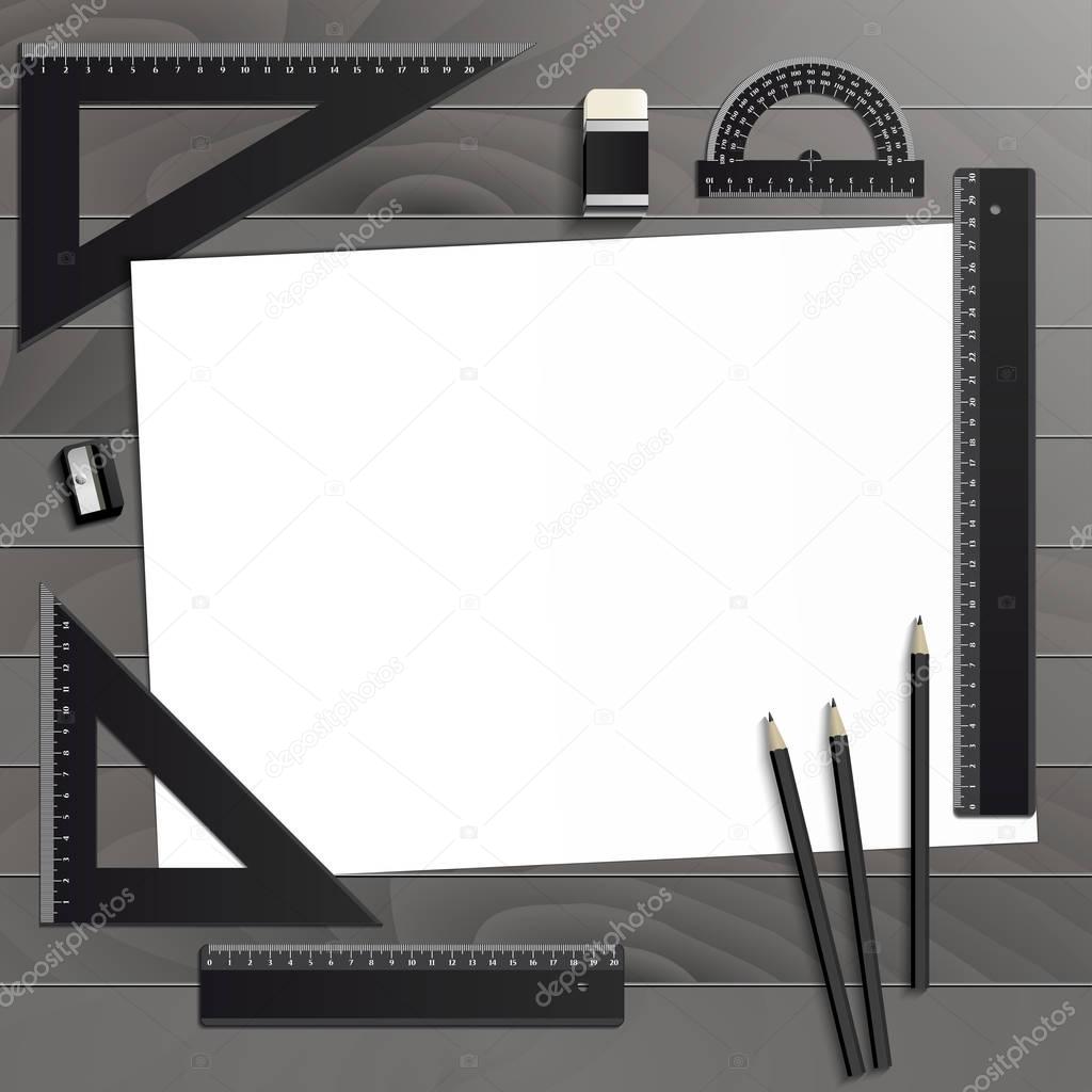 Workplace art board, paper, ruler, protractor, pencils