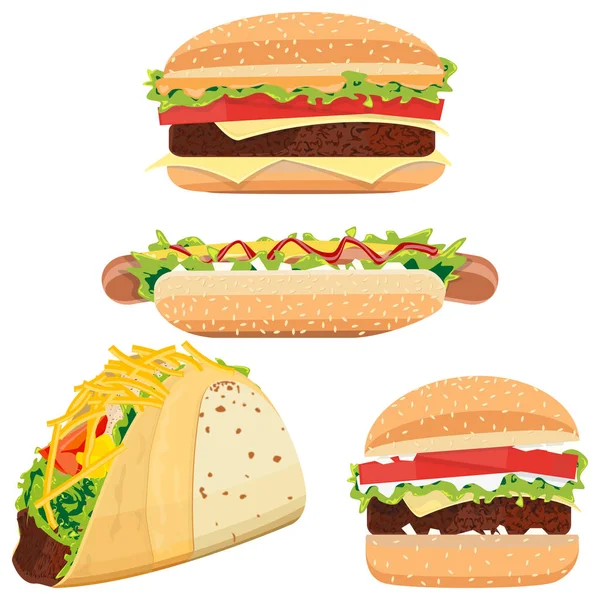 Hot Dog, hamburger e tacos — Vettoriale Stock