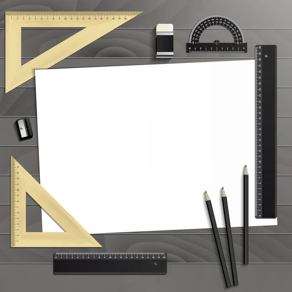 Workplace art board, paper, ruler, protractor, pencils — Stock Vector ...