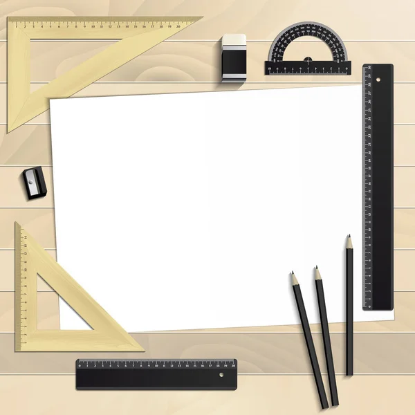 Workplace art board, paper, ruler, protractor, pencils — Stock Vector ...