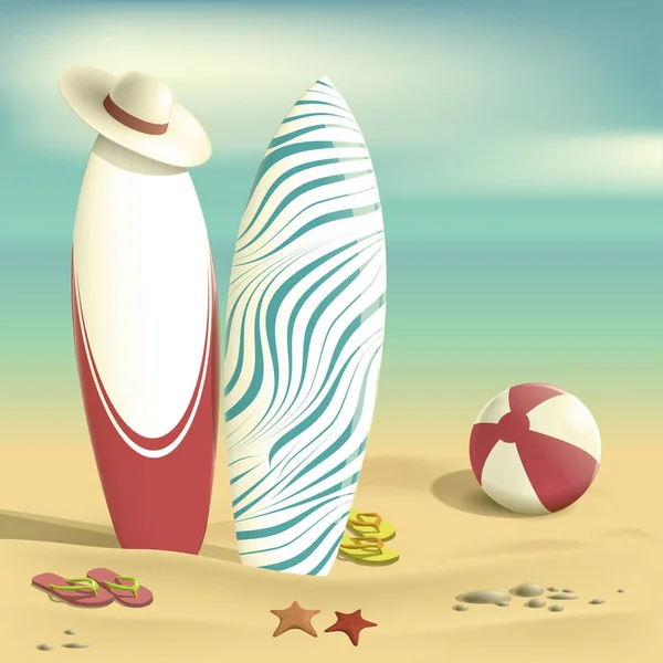 Verão. Tábuas de surf e bola de praia. Mar. Cartão vintage —  Vetores de Stock