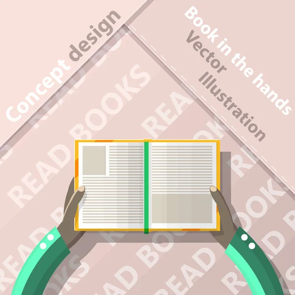 Lee libros. Libro abierto en las manos. Diseño plano. Ilustración vectorial — Vector de stock