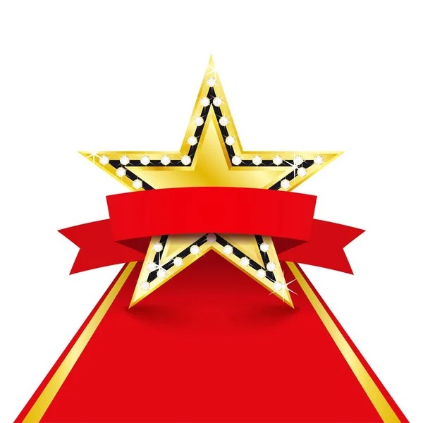 Το χρυσό αστέρι με διαμάντια στο κόκκινο χαλί. Σχέδιο επιτυχίας — Διανυσματικό Αρχείο