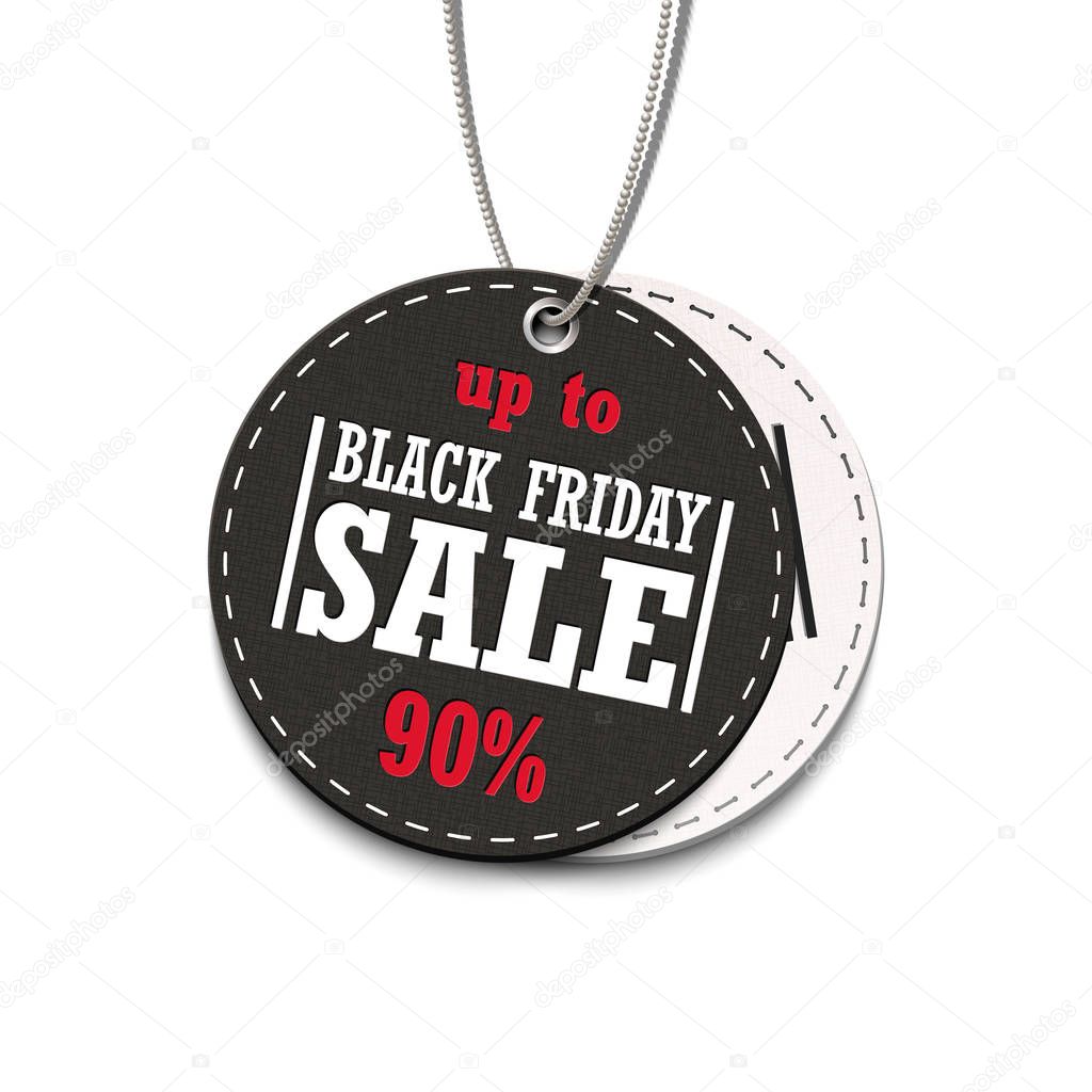 Black Friday Sale up to 90% tag isolated on a white background. 