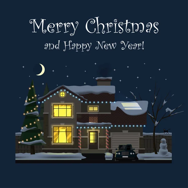 Frohe Weihnachten und ein gutes neues Jahr. Einfamilienhaus bei Nacht — Stockvektor