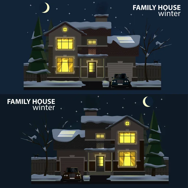 Casa familiei pe timp de noapte. Iarna. 2 case, mașini și copaci — Vector de stoc