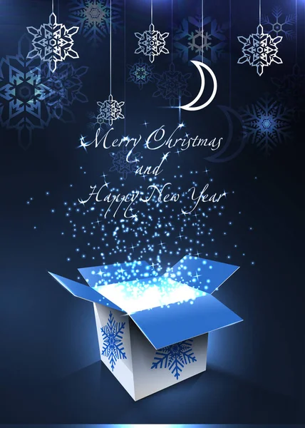 Feliz Navidad y Feliz Año Nuevo postal. Caja mágica. Vector — Vector de stock