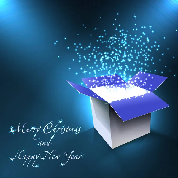Feliz Navidad y Feliz Año Nuevo postal. Caja mágica. Vector — Vector de stock