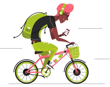 Travel Cyclist. Cartoon Man Cycling Forward. Bicycle Delivery Ma