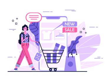 Smartphone ile online alışveriş. İş projeniz için alışveriş konsepti. Beyaz kadın internetten hediye satın alıyor. Çevrimiçi Depo Vektörü Resimleri