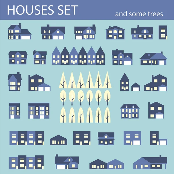 설치되어 의나무가 전면에 평평하게 설계되었다 집들의 아이콘들의 Vector Illustration — 스톡 벡터