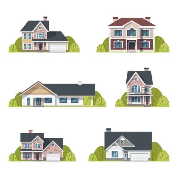 Houses Set Suburban Houses Exterior Flat Design Front View Roof — Stock Vector