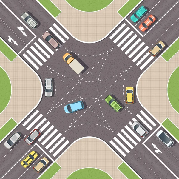 Carrefour Urbain Avec Voitures Sentiers Pédestres Intersection Ville Avec Les — Image vectorielle