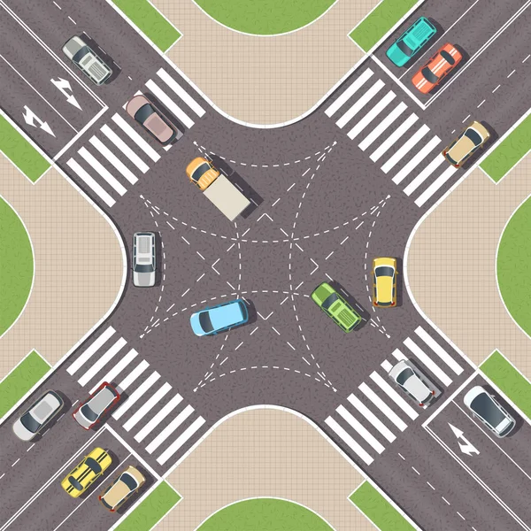 城市交叉口 有车和人行道 城市与行人斑马线的交叉口 十字路口的头像 从上方看城市景观 病媒图解 矢量图形