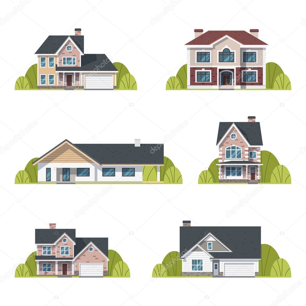 Houses set. Suburban houses exterior flat design front view with roof and some trees. Collection of classic and modern houses isolated on the white background. Vector Illustration