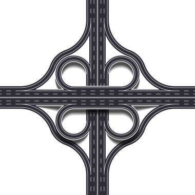 Cloverleaf kavşağı iki kat, dört yol kavşağı döngü rampaları, altgeçit ve üst geçit. Ayrıntılı kavşak beyaz arkaplanda izole edildi. Vektör İllüstrasyonu