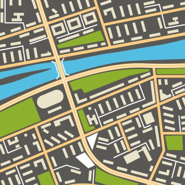 Sokaklar, evler, parklar ve nehir sembolleri olan şehir navigasyon haritası. Şehir haritası arkaplanının grafiksel çizimi. Vektör İllüstrasyonu