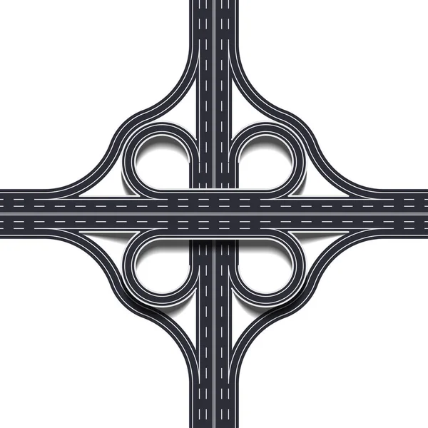 Cloverleaf kavşağı iki kat, dört yol kavşağı döngü rampaları, altgeçit ve üst geçit. Ayrıntılı kavşak beyaz arkaplanda izole edildi. Vektör İllüstrasyonu