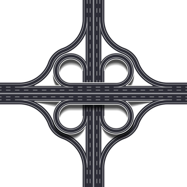 Cloverleaf interchange two level, four way interchange with loop ramps, underpass and overpass. Detailed interchange isolated on white background. Vector Illustration