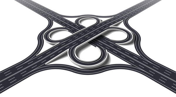 Cloverleaf interchange two level perspective. Трехмерный четырехсторонний обмен с петельными рампами, подземным ходом и путепроводом. Детальный обмен выделен на белом фоне. Векторная миграция
