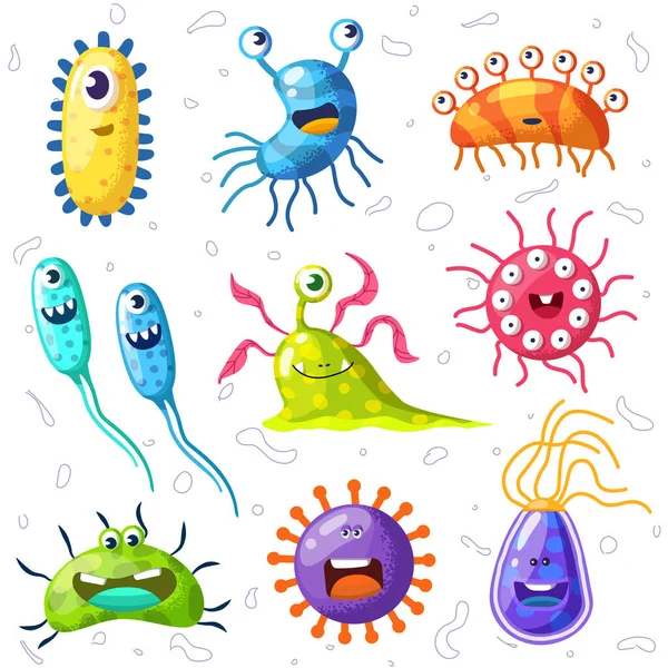 微生物 可爱的细菌和病毒使卡通人物相形见绌 微笑病原体微生物 细菌和大眼睛大牙齿的病毒 病媒图解 — 图库矢量图片