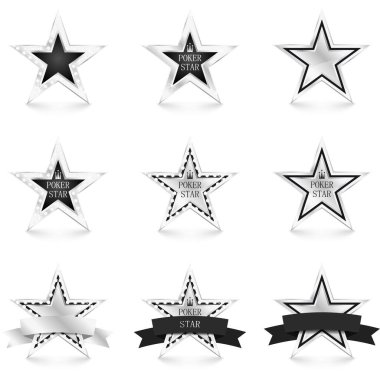 Silver star with diamonds set isolated on white background. Poker concept. Different silver stars. Vector Illustration clipart