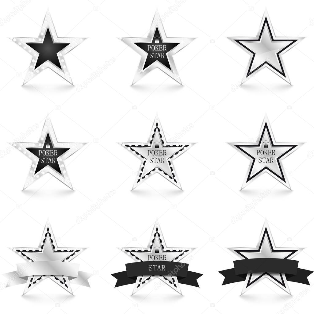 Silver star with diamonds set isolated on white background. Poker concept. Different silver stars. Vector Illustration