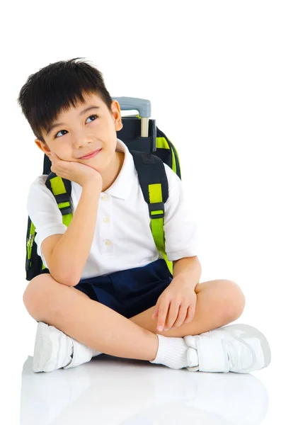 Lovely Asian School Boy Sitting Floor Having Thought Royalty Free Stock Images