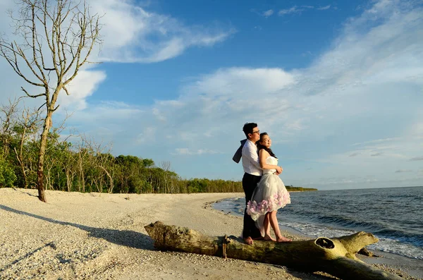 Asiatisches Brautpaar Steht Auf Holzscheit — Stockfoto