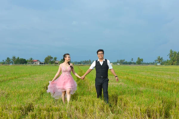 Asiatische Braut Und Bräutigam Auf Dem Reisfeld — Stockfoto