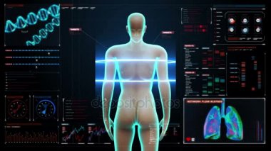 Vücut tarama. Dönen insan kadın akciğer, akciğer tanılama dijital gösterge tablosu içinde. Mavi x-ışını ışık.