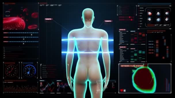 Zoom frontal Cuerpo femenino y corazón de barrido. Sistema cardiovascular humano en tablero digital de la exhibición. Luz azul de los rayos X . — Vídeo de stock