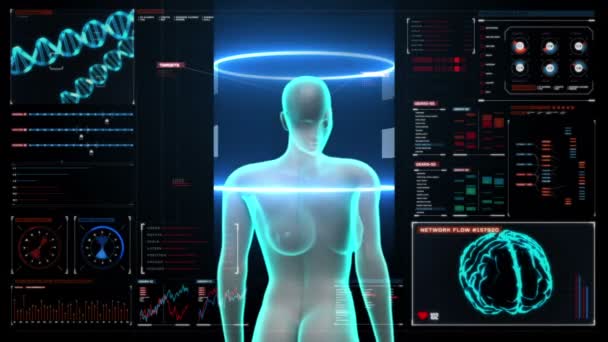 デジタル表示のダッシュ ボードに女性の身体に脳をスキャンしています。X 線で見た — ストック動画