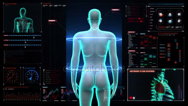 Powiększając kobiece ciała ludzkiego, skanowanie narządów wewnętrznych, systemu trawienia. RTG na niebiesko. na interfejs użytkownika wyświetlacz cyfrowy. — Wideo stockowe