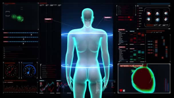 Жіноче тіло людини сканує лімфатичну систему в цифровій панелі приладів. Синій рентгенівський промінь . — стокове відео