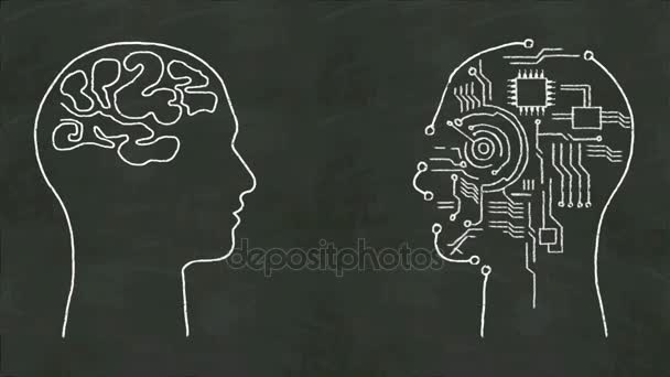 Почерк Человеческая форма головы, понятие "Искусственный интеллект" на доске . — стоковое видео
