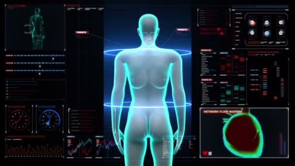 Увеличение женского тела и сканирование мышц человека, системы крови в цифровом дисплее приборной панели., Синий рентгеновский свет . — стоковое видео