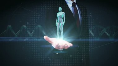İşadamı palm, yakınlaştırma açık kadın bedeni ve insan kan damarı sistem tarama açık. Mavi x-ışını ışık.