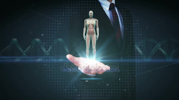 Businessman open palm, Rotating Female Human muscle, blood system, Blue X-ray light. — Stock Video