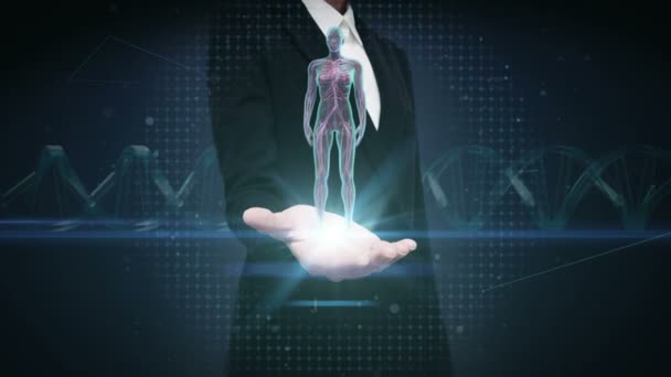 Businesswoman open palm, Rotating Female Human cardiovascular system, blood system, Blue X-ray light. — Stock Video