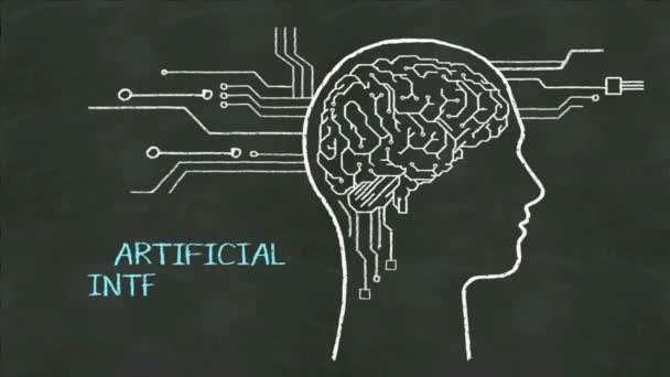 Vorm van de kop van handschrift de menselijke, aangesloten cpu printplaat. concept van 'Kunstmatige intelligentie' op een schoolbord. — Stockvideo