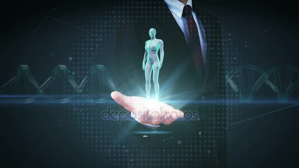 Hombre de negocios palma abierta, zoom matriz de exploración del cuerpo femenino, imagen de rayos X azul . — Vídeo de stock