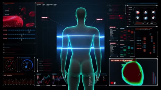 Zooming front Female body and scanning heart. Human cardiovascular system in digital display dashboard.Blue X-ray light. HD. — Stock Video