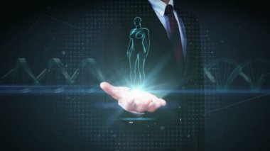 İşadamı palm, yakınlaştırma açık kadın bedeni ve insan gözü sistem, mavi x-ışını ışık tarama açma.