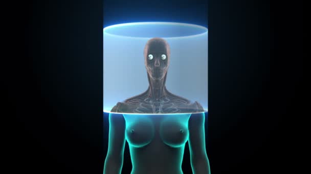 Увеличиваю переднее женское тело и сканирую человеческую систему глаз. Синий рентгеновский свет . — стоковое видео