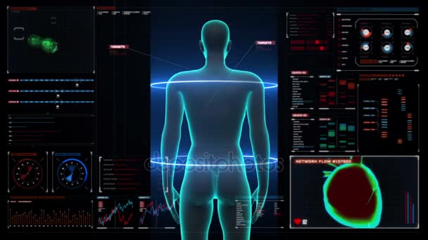 Feminino Sistema linfático de varredura do corpo humano no painel de exibição digital. Luz de raios-X azul. HD — Vídeo de Stock