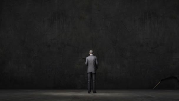 Breaks the wall. Businessman standing at the edge of cliff. white background. — Stock Video