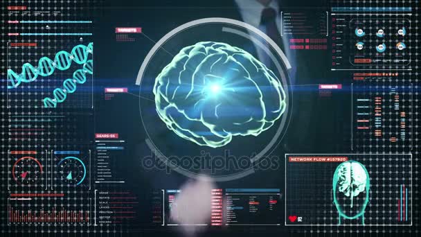 Affärsman röra digital skärm, skanning av hjärnan i digitala displayen dashboard. Röntgen Visa — Stockvideo