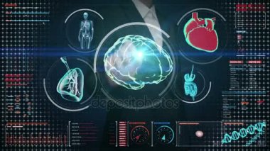 İşkadını dokunmadan dijital ekran, tarama beyin, kalp, akciğerler, iç organlar dijital ekran kontrol paneli. X-ışını görünümü.