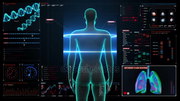 Skannar kroppen. Roterande mänskliga kvinnliga lungorna, pulmonell diagnostik i digitala displayen dashboard. — Stockvideo